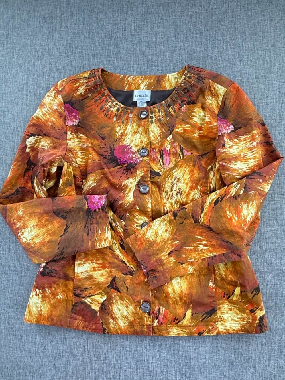 CHICO"S Blazer Long Sleeve Round Neck Button jacket Abstract Floral lined Cotton